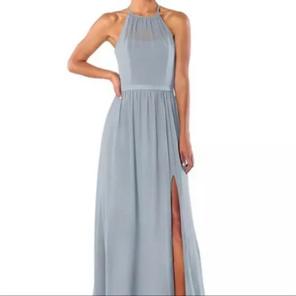 blue dress for baby girl Duntery One Shoulder Empire Waist Chiffon Long Bridesmaid Dress, Mist